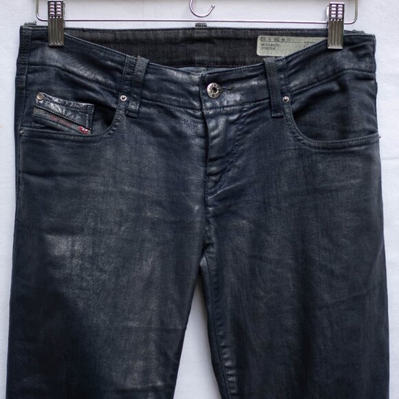 Diesel Grupee Women’s Jeans 26x32 Super Slim Skinny Low Rise Blue Coated Denim - Picture 2 of 14